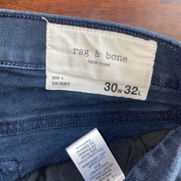 Rag & Bone Fit 1 Skinny Jeans Denim Blue Men's Size 30x32 Color ELM - Picture 3 of 8